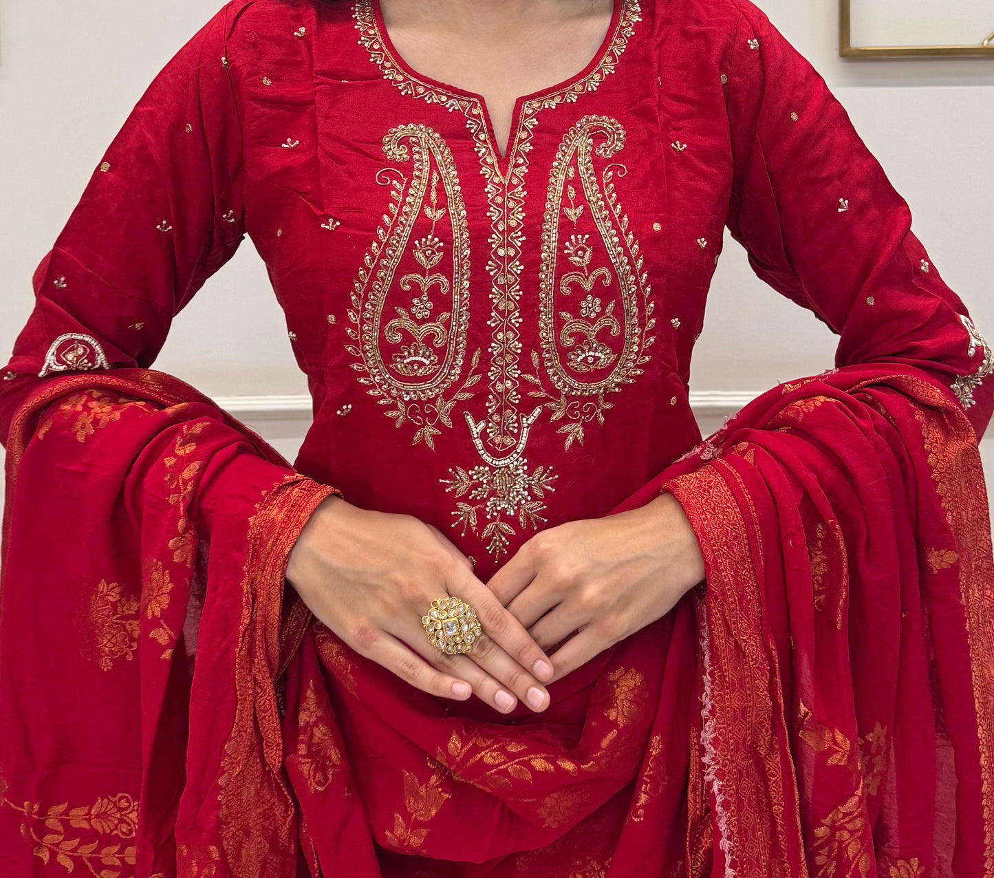 Dola Silk With Handwork On The Neck And Sleeves With Banarasi Dupatta.