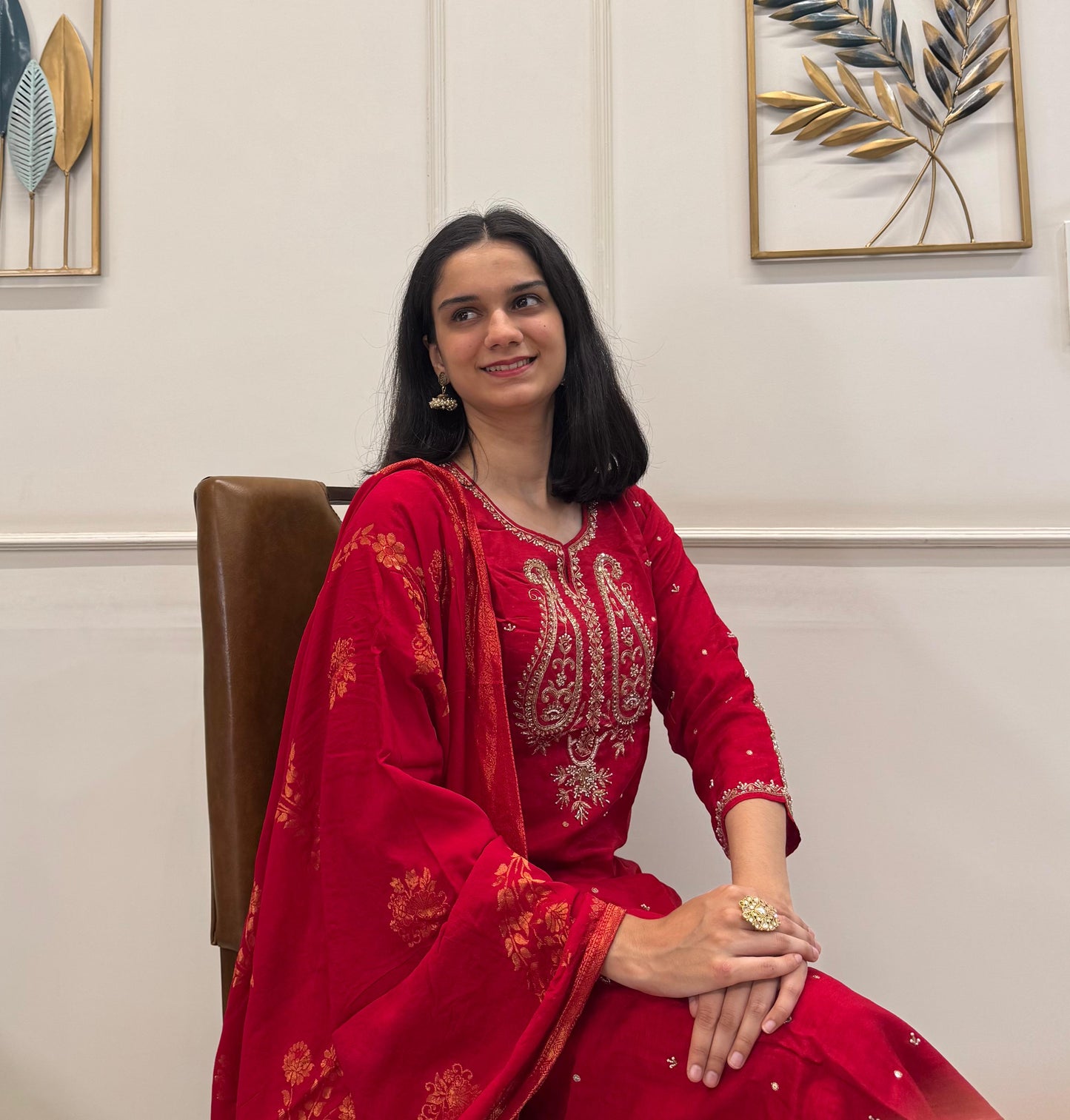 Dola Silk With Handwork On The Neck And Sleeves With Banarasi Dupatta.