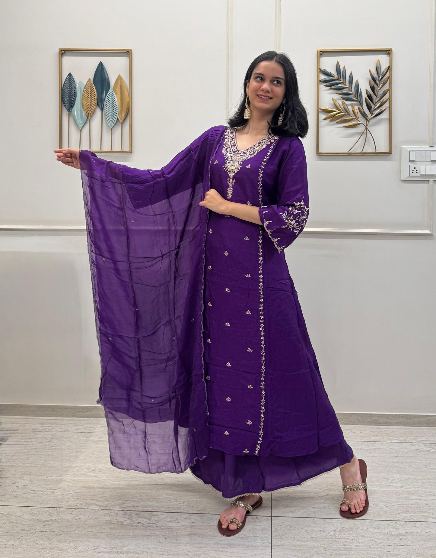 Purple Dola Silk Set With Handwork And A Flowy Divider Palazzo.
