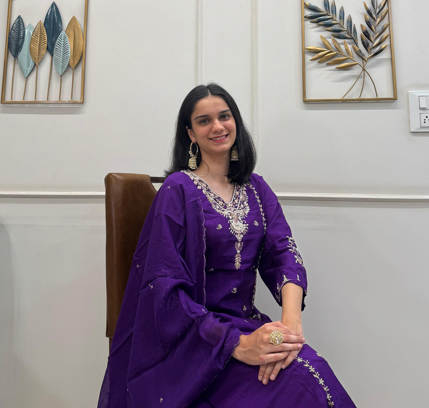 Purple Dola Silk Set With Handwork And A Flowy Divider Palazzo.