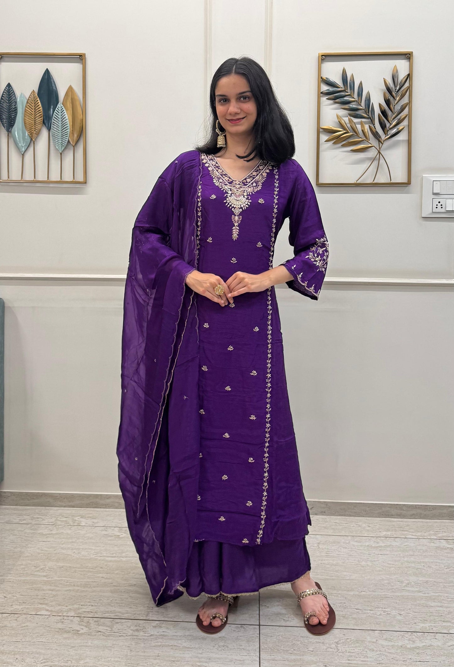 Purple Dola Silk Set With Handwork And A Flowy Divider Palazzo.
