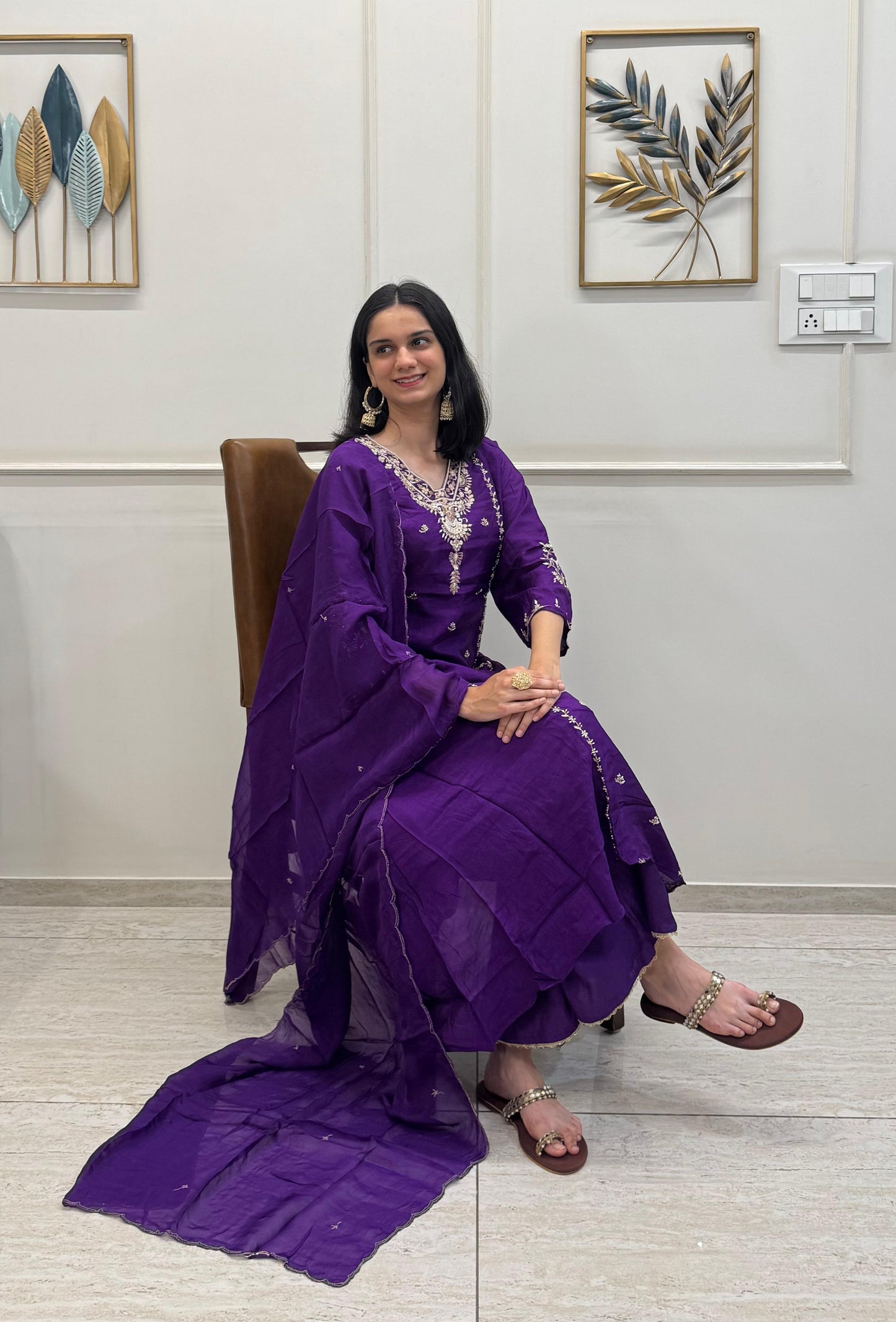 Purple Dola Silk Set With Handwork And A Flowy Divider Palazzo.